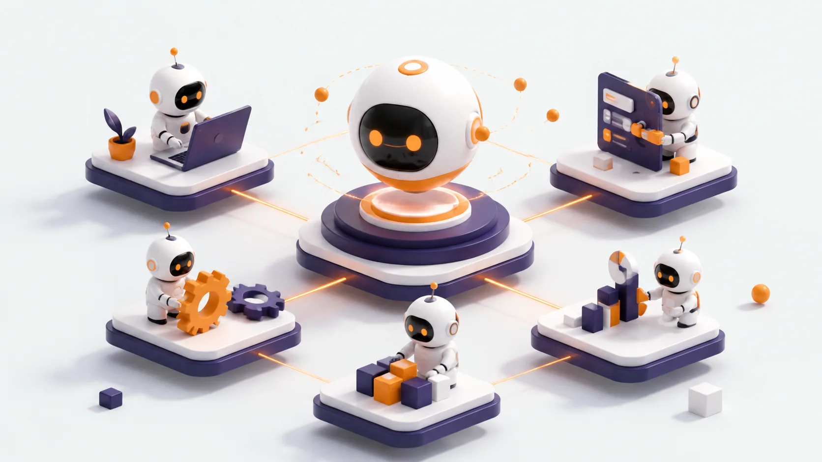 Curso para crear agentes de IA: pequeños robots autónomos ejecutando tareas en los pasos de un flujo de trabajo, coordinados por un orbe central.