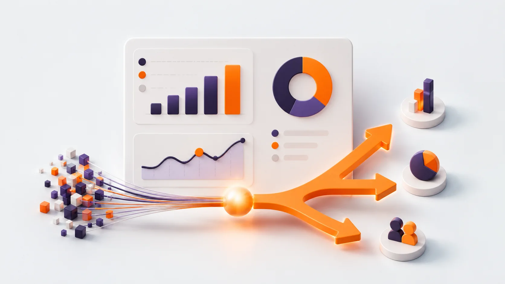 Curso de análisis de datos y decisiones con IA para pymes: un panel de analítica con gráficos y una flecha de decisión que convierte los datos en una conclusión clara.