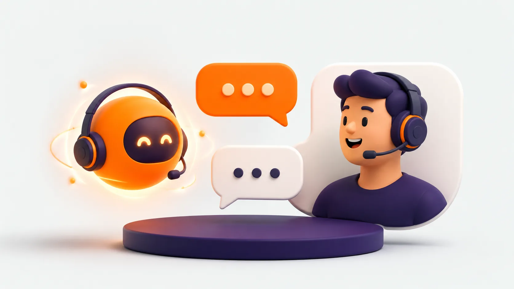 Curso de atención al cliente y soporte con IA: unos auriculares de soporte y burbujas de chat con un orbe de IA que ayuda a un cliente satisfecho.