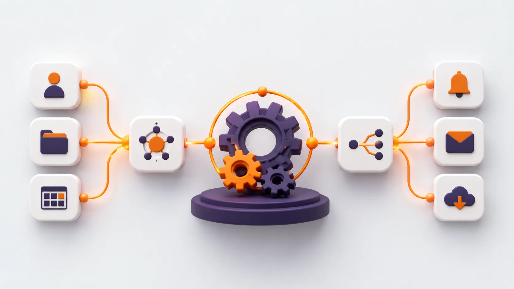 Curso de automatización con IA sin programar (n8n y Make): nodos conectados y engranajes formando un flujo de trabajo automatizado.