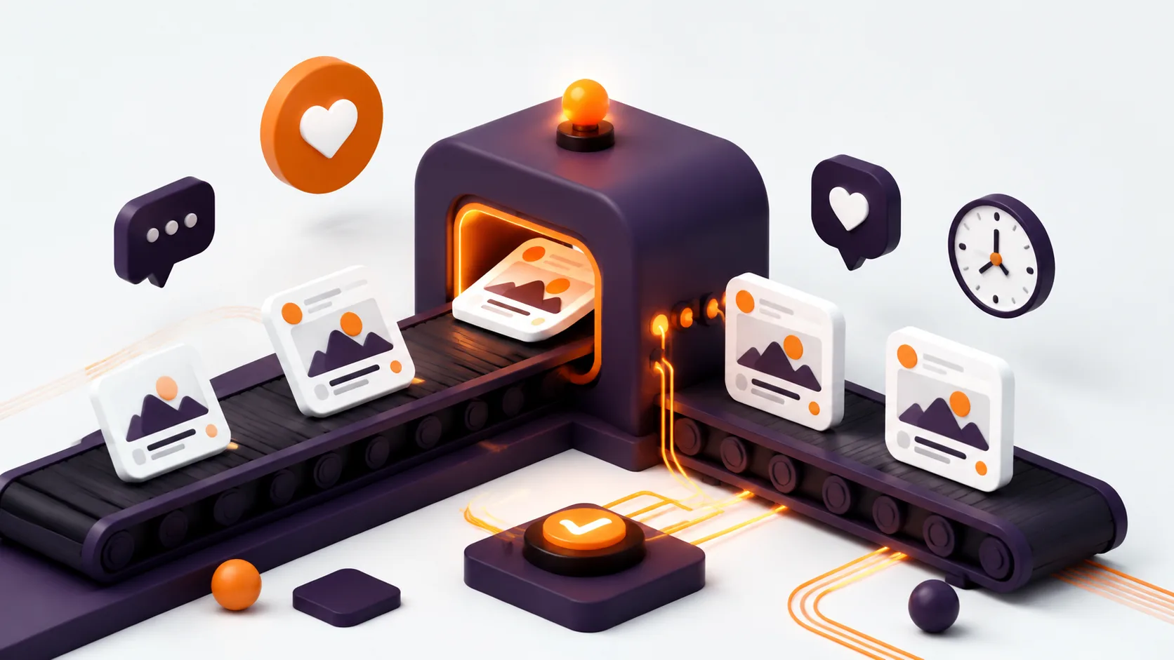 Curso de automatización de redes sociales con IA: tarjetas de publicaciones avanzando por una cinta automatizada con iconos de interacción y un reloj de programación.