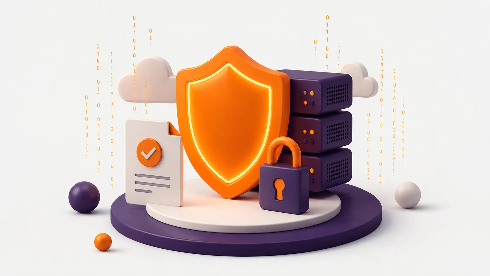 Curso de ciberseguridad y protección de datos: un escudo naranja protegiendo unos servidores y un candado, con flujos de datos y un documento de cumplimiento.