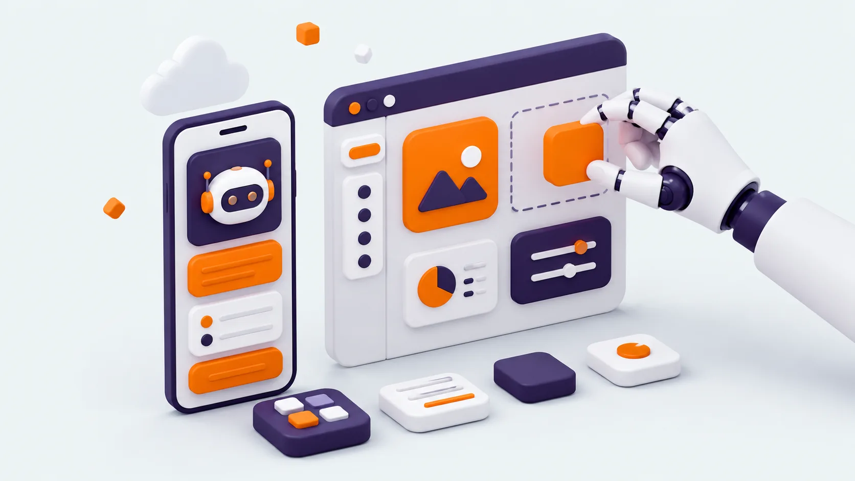 Curso para crear aplicaciones con IA sin programar: bloques que se ensamblan en una app móvil y un panel web, colocados por una mano robótica.