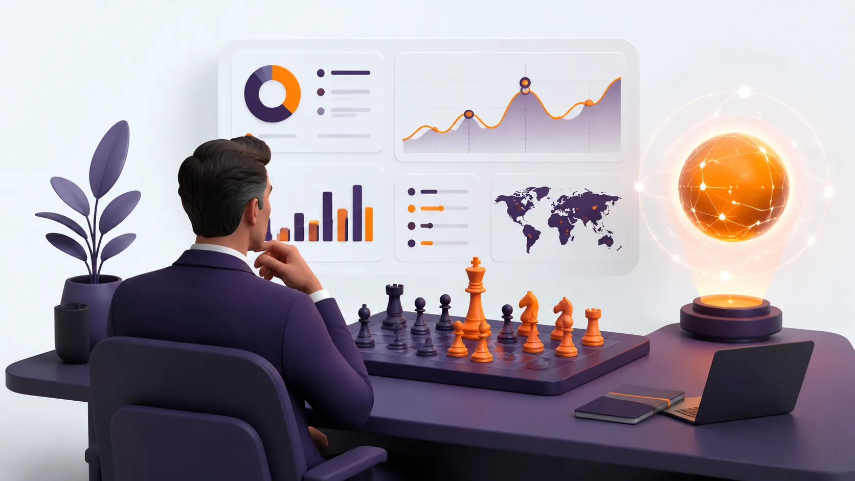 Curso de IA para dirección y mandos intermedios: una figura directiva ante un panel estratégico y un tablero de decisiones, asesorada por un orbe de IA.