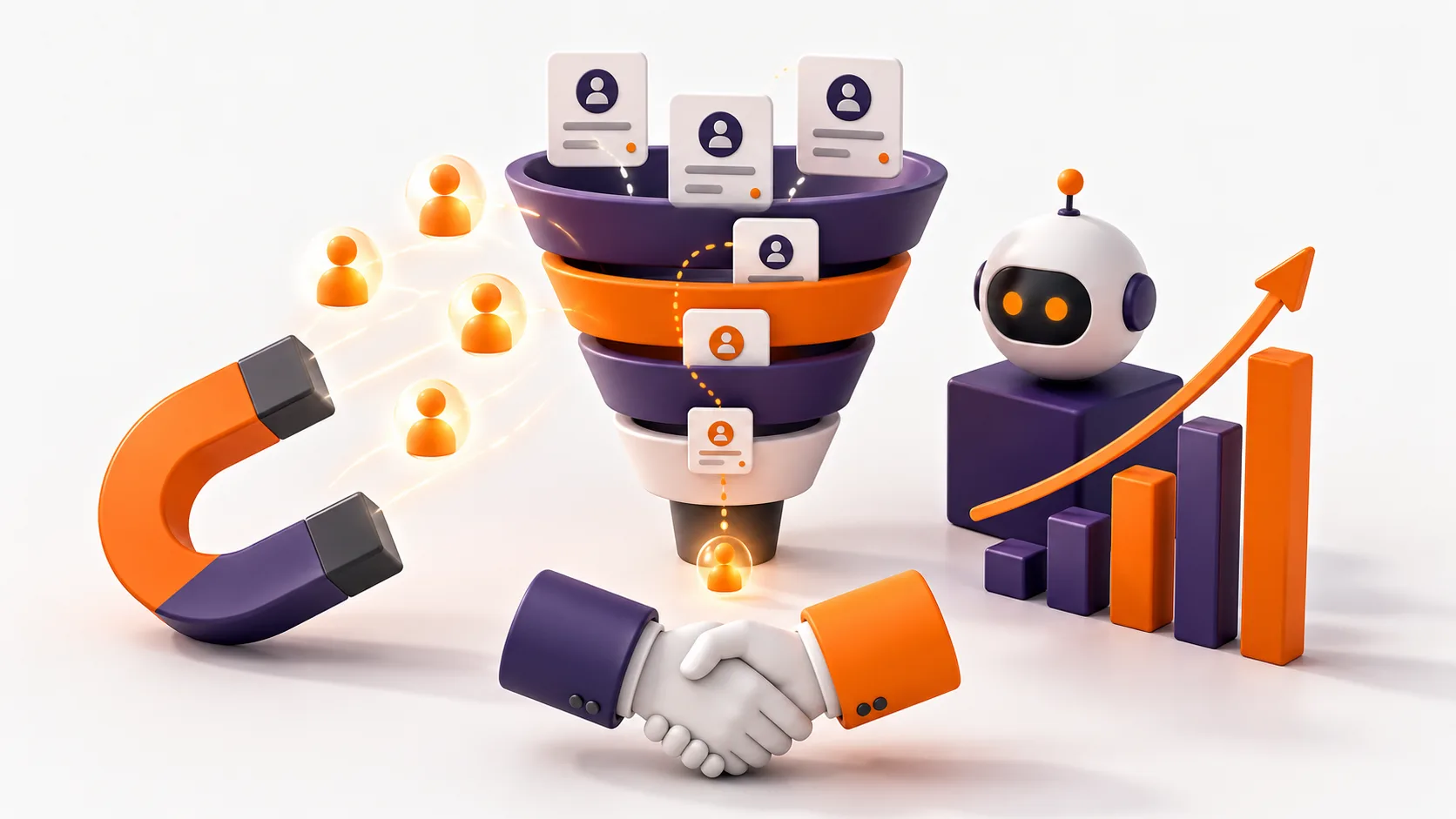 Curso de prospección y ventas B2B con IA: un embudo de ventas con tarjetas de leads y un imán que atrae contactos cualificados.