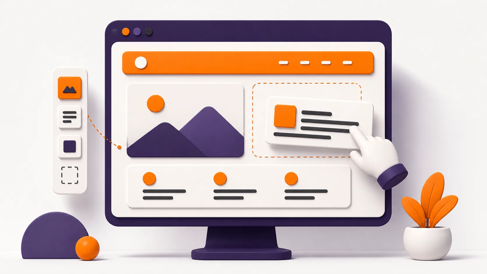 Curso de WordPress sin código: una ventana de navegador donde se arrastran y encajan bloques para construir una página web.
