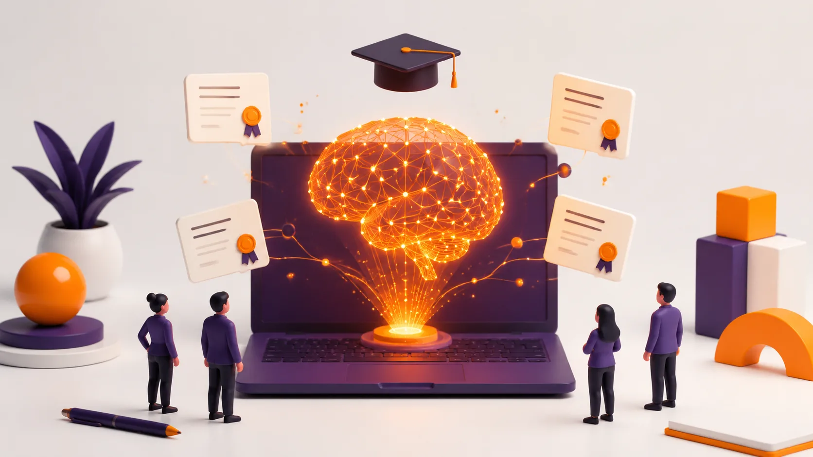 Cursos de Inteligencia Artificial bonificables por FUNDAE para empresas: un portátil proyecta un cerebro de IA junto a diplomas y un birrete de graduación, sobre fondo claro.