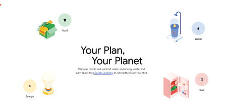Diseño minimalista en la homepage de la página web "Your plan, your planet"