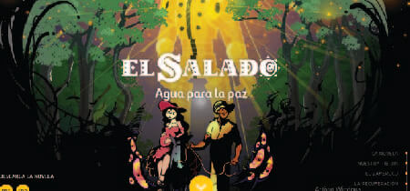 Ilustración de dos chicos en un bosque en la homepage de la web "Agua para la paz"