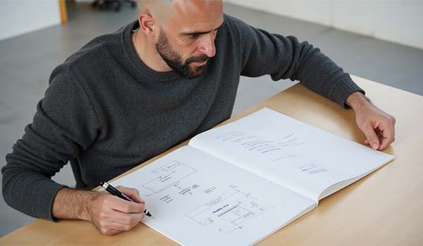 Alvaro Torres sketching the structure of a landing page in a notebook with arrows and blocks