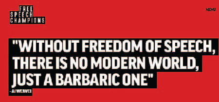 Texto llamativo blanco y negro sobre fondo rojo de la web inspiradora "Free Speech Champions".
