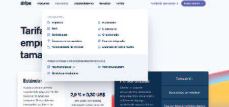 Captura de pantalla del menú de la página web "Stripe"