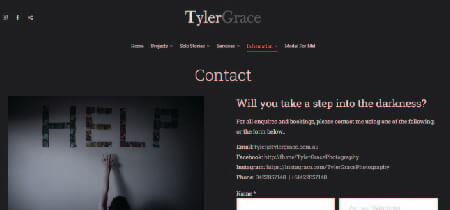 Página de contacto de la web Tyler Grace