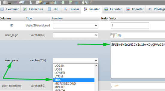 Recuperar contraseña de WordPress mediante phpmyadmin