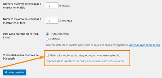 Panel de control donde aparece la casilla "Pedir a los motores de búsqueda que no indexen este sitio"
