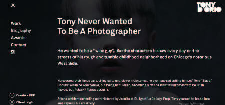 White letters on black background in a screenshot of the Tony Dorio website
