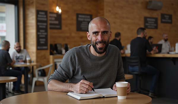Álvaro Torres escribiendo secuencias de nutrición en una cafetería con un cuaderno y un café